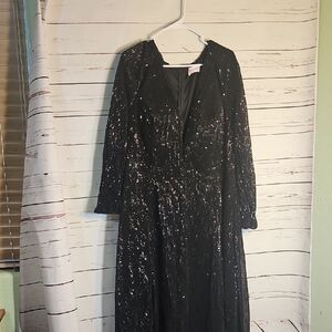 LAtiste by Amy Black Sequin Long Sleeve V Neck Maxi Dress Plus‎ Size 1X
